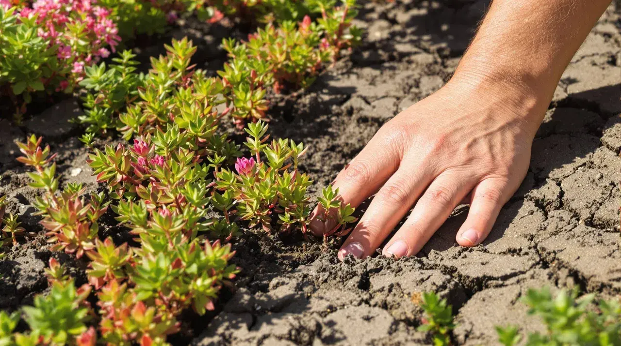 Main d'une personne touchant délicatement une plante sedum aux feuilles vertes et roses, sur un sol craquelé.