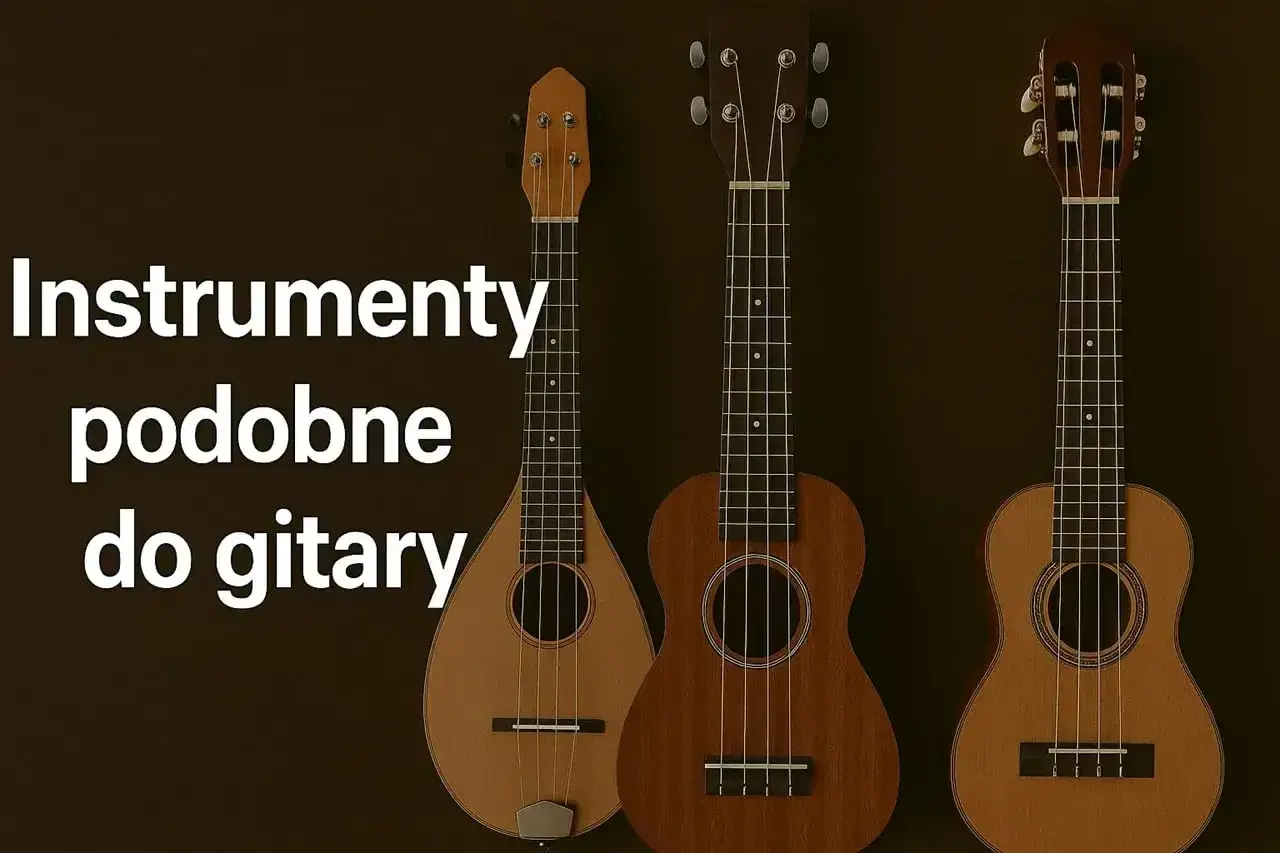 Trzy instrumenty strunowe, podobne do gitary: mandolina, ukulele i kolejne ukulele.