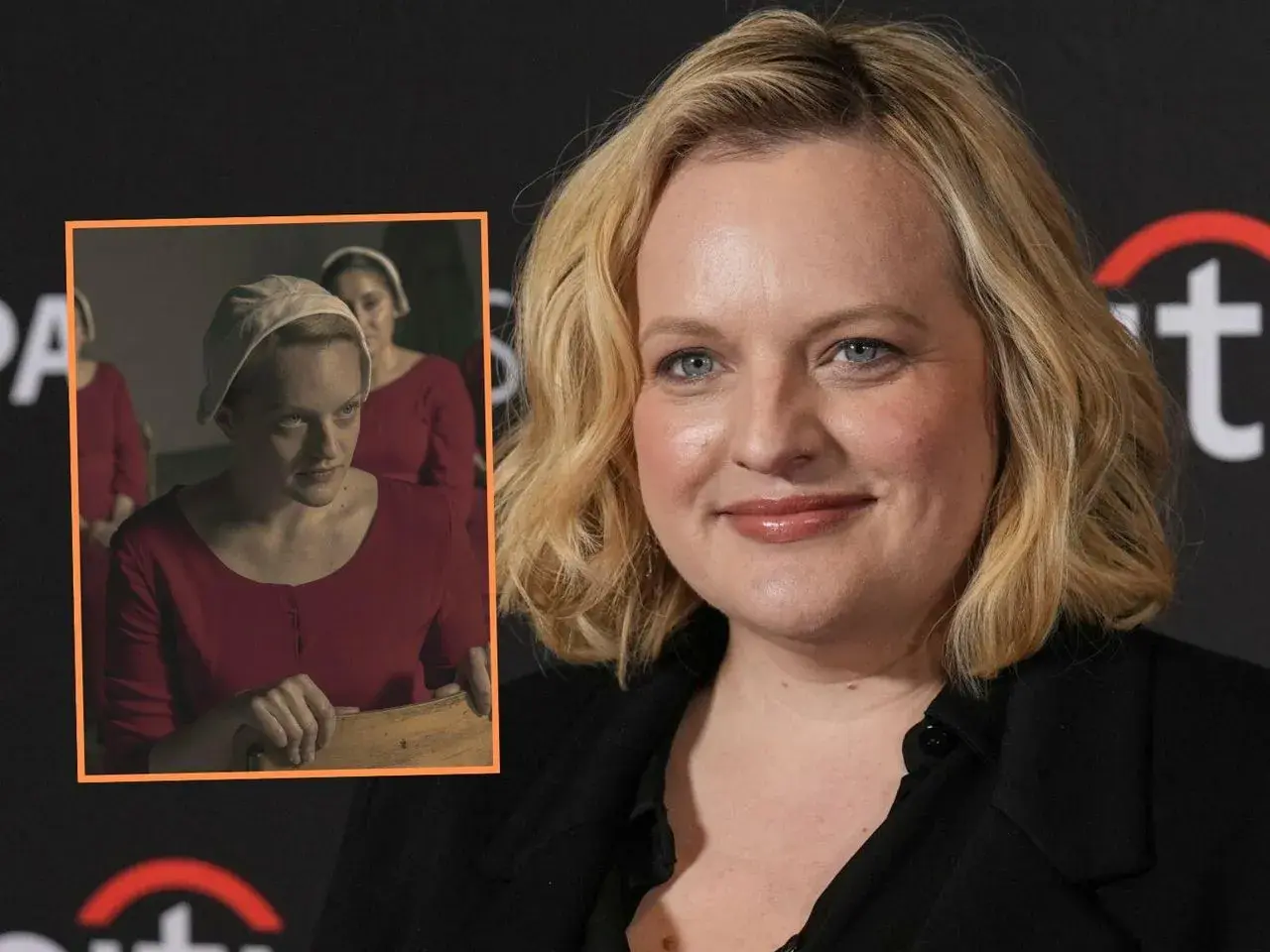 Elisabeth Moss w czerwonej sukni i białym czepku, przypominająca scenę z "Opowieści podręcznej". Aktorka ma dzieci, ale na zdjęciu nie są widoczne.