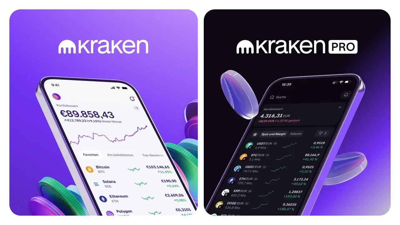 Zwei Smartphones zeigen die Kraken-App. Eine positive Kraken-Erfahrung mit hohen Gewinnen wird durch die Anzeige des Portfoliowerts und der Kryptowährungskurse visualisiert.
