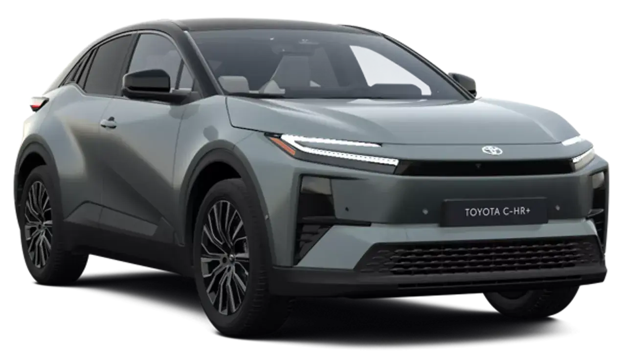 Grå Toyota C-HR+ med modern design och LED-lampor.