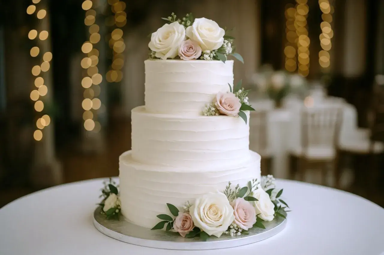Elegancki, trójpoziomowy tort weselny z kremowymi różami i zielenią. Idealny na wyjątkowe okazje, jego tort weselny cena zależy od detali.