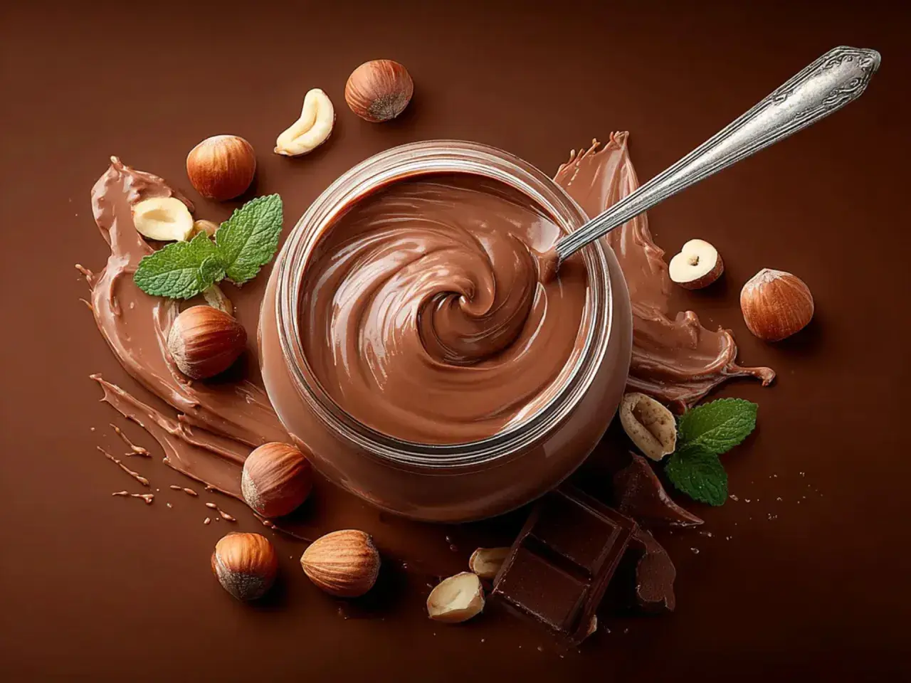 Słoik kremu czekoladowo-orzechowego, łyżka, orzechy laskowe i listki mięty. To właśnie gianduja – pyszny przysmak!