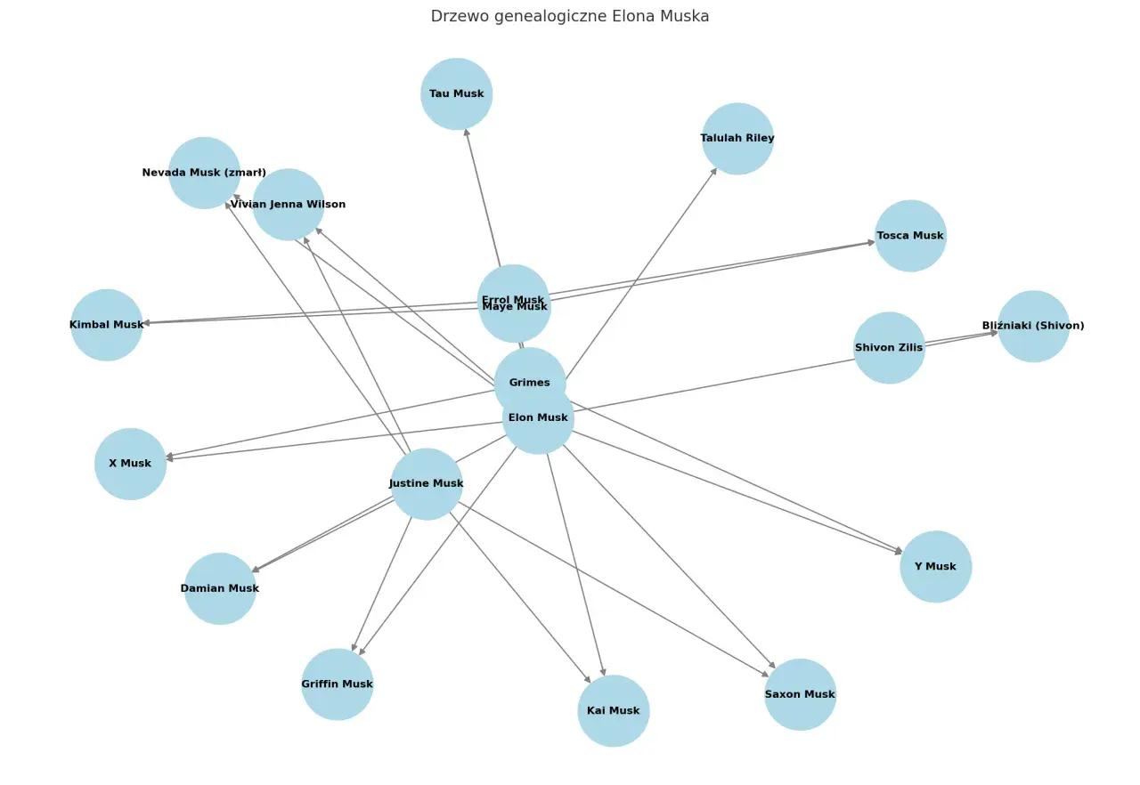 Drzewo genealogiczne Elona Muska, pokazujące jego rodziców, partnerki i dzieci, w tym X, Y, Kai, Saxon, Griffin, Damian, Nevada (zmarł) i bliźniaki.