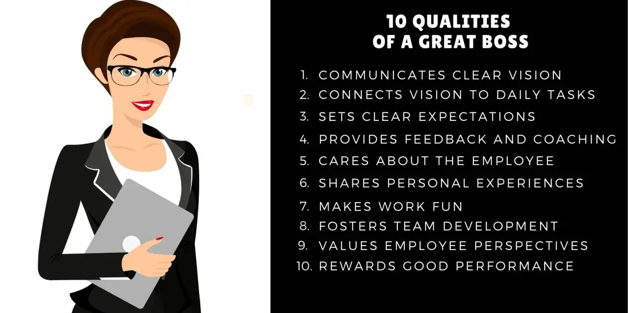 A graphic lists 10 qualities of a great boss, including clear communication, feedback, and valuing employees.