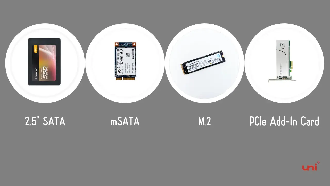 Verschiedene SSD-Formate: 2.5" SATA, mSATA, M.2 und PCIe Add-In Card. Alle benötigen einen passenden ssd stromanschluss.