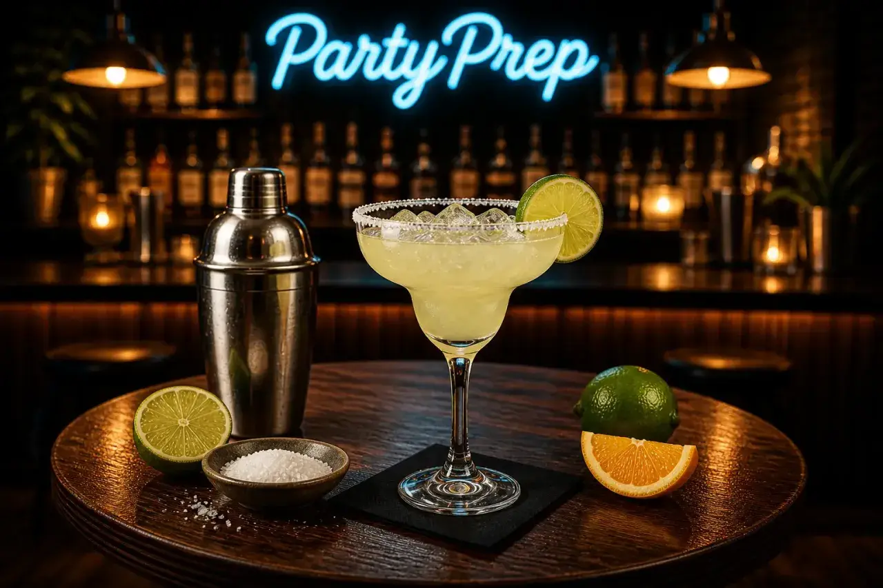 En perfekt förberedd spicy margarita med lime och salt på ett runt träbord. En shaker och mer lime finns bredvid.