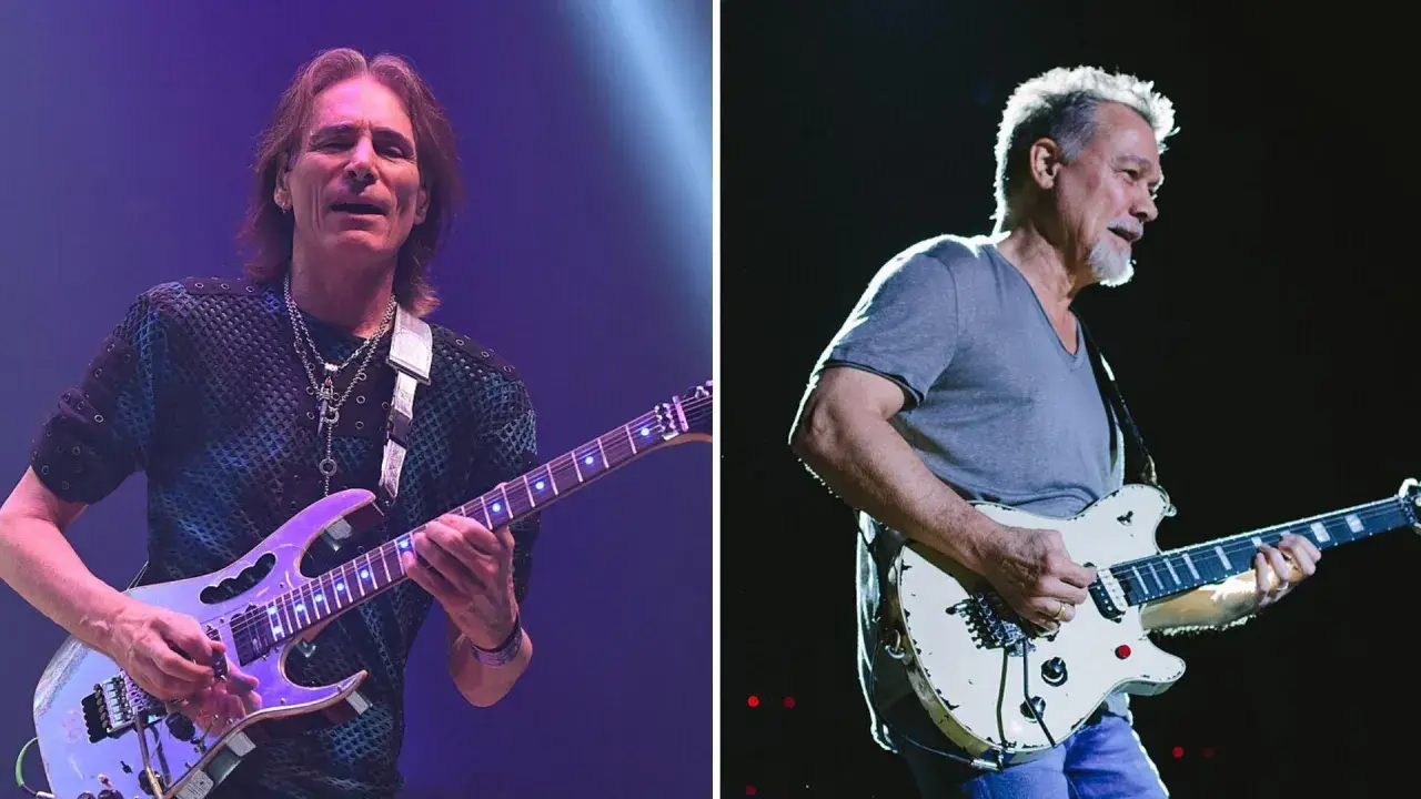 Steve Vai i Eddie Van Halen, dwaj legendarni gitarzyści, grają na scenie.