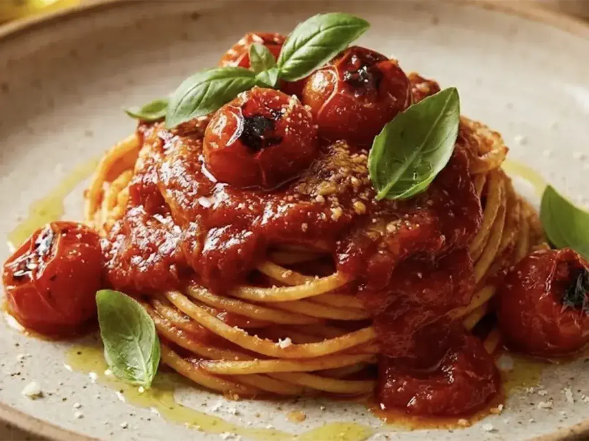 Un invitante piatto di spaghetti al pomodoro fresco, condito con pomodorini arrostiti e basilico profumato.