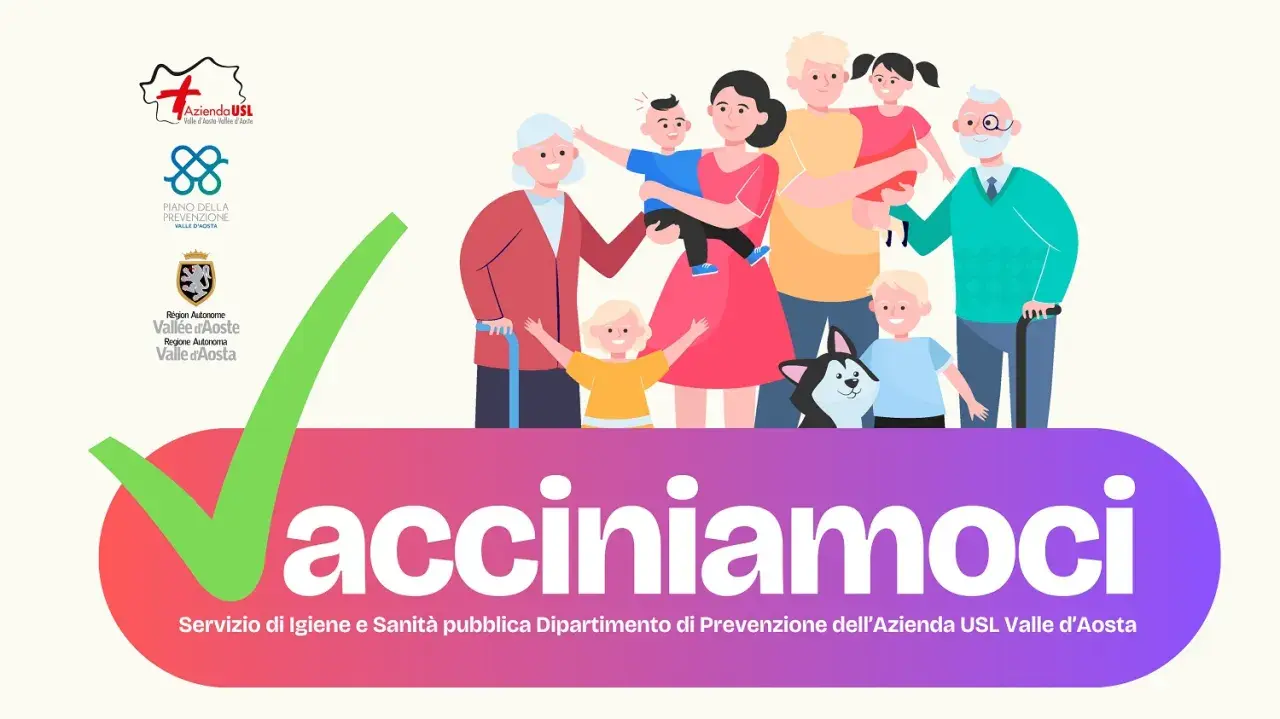 Famiglia felice e un cane, con un segno di spunta verde, promuovono la campagna vaccinale in Valle d'Aosta.