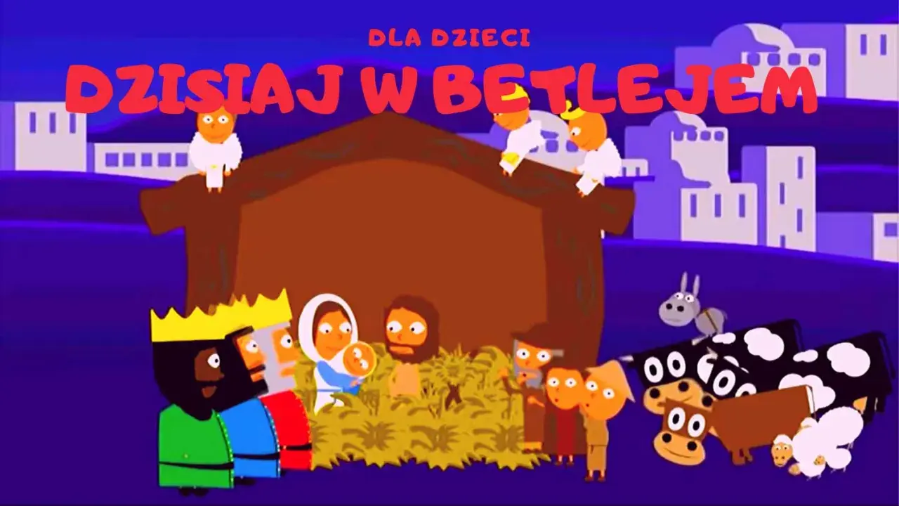 Dziś w Betlejem, golec uorkiestra śpiewa o narodzinach. W żłóbku Maryja z Jezusem, Trzej Królowie, zwierzęta i aniołki.