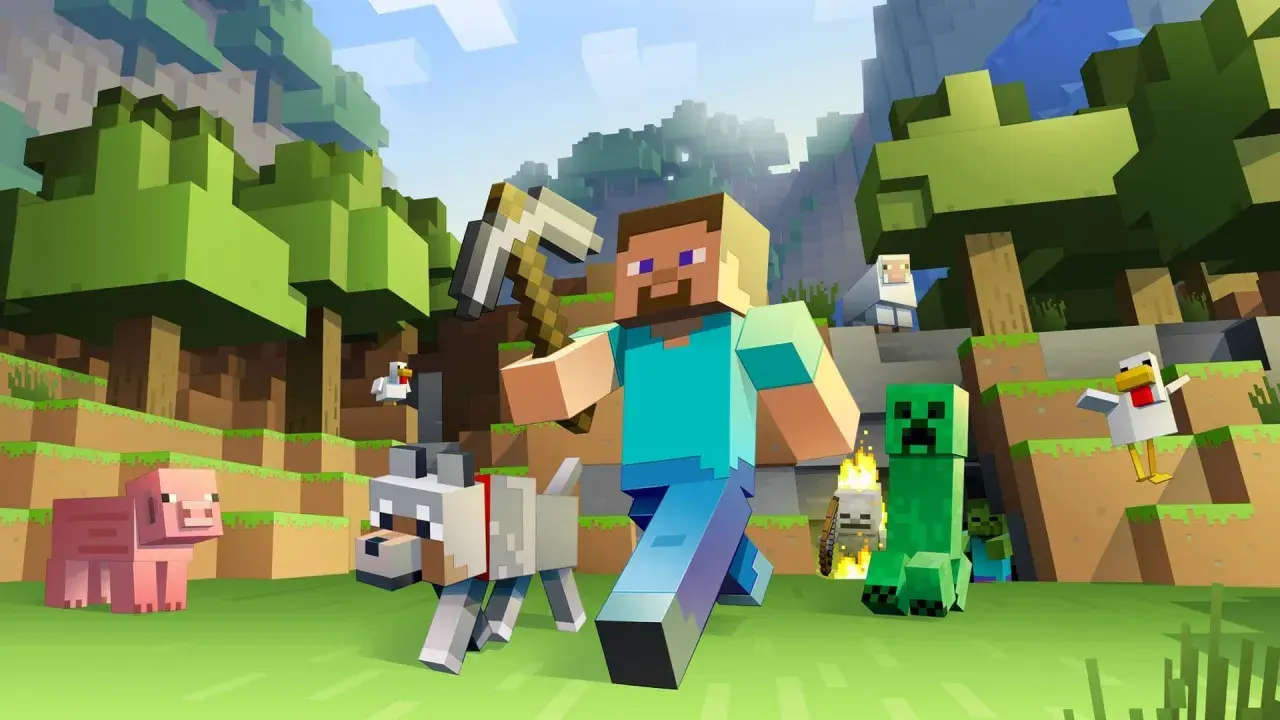 Steve z kilofem, pies, świnia, kurczak, owca, creeper i zombie w świecie Minecraft. Idealne do tworzenia skina Minecraft.
