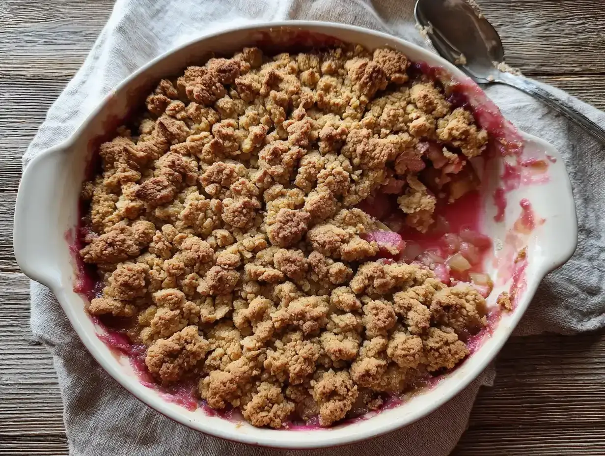 En härlig sockerfri rabarberpaj med krispigt täcke i en vit form. Perfekt för en hälsosam fika.