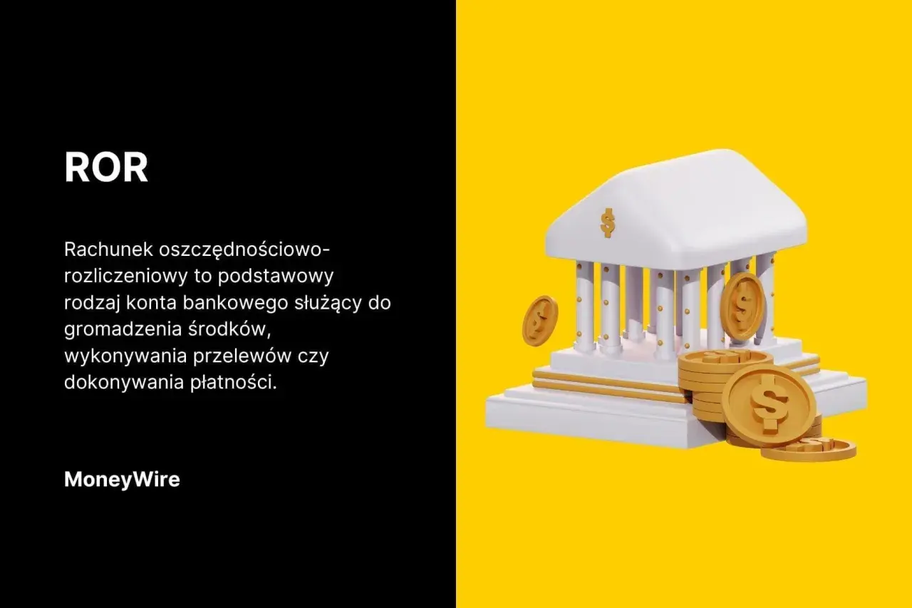 ROR w banku: biały budynek banku z kolumnami i złotymi monetami symbolizującymi oszczędności.