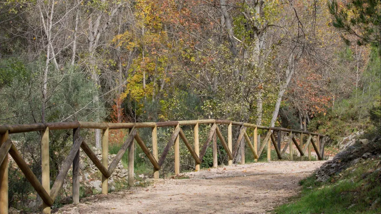 Sendero de tierra con barandilla de madera, ideal para rutas fáciles cerca de Madrid en otoño.