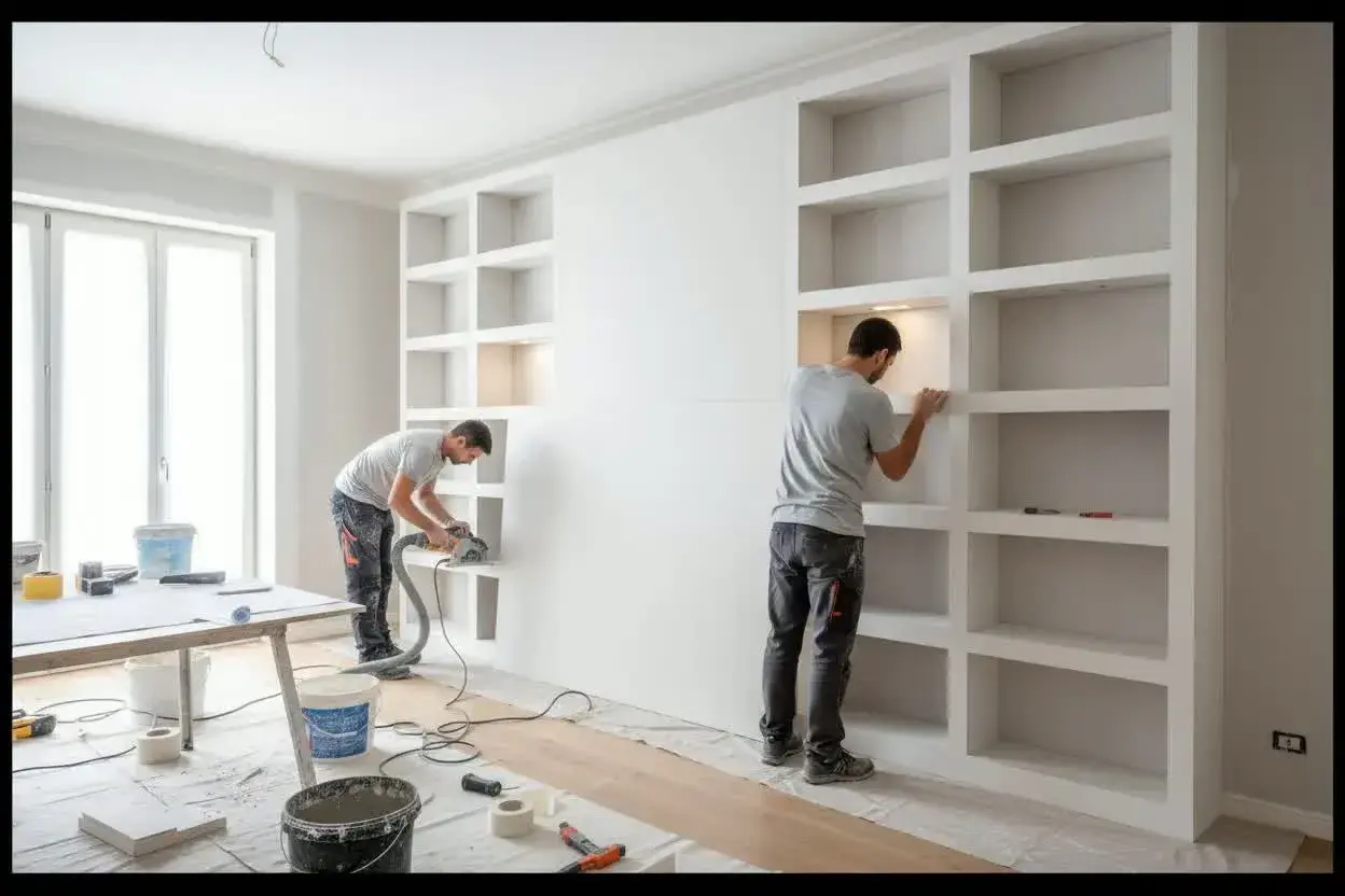 Costruzione di una libreria in cartongesso per un soggiorno. Due operai lavorano alla struttura, uno con una sega, l'altro rifinisce gli scaffali.