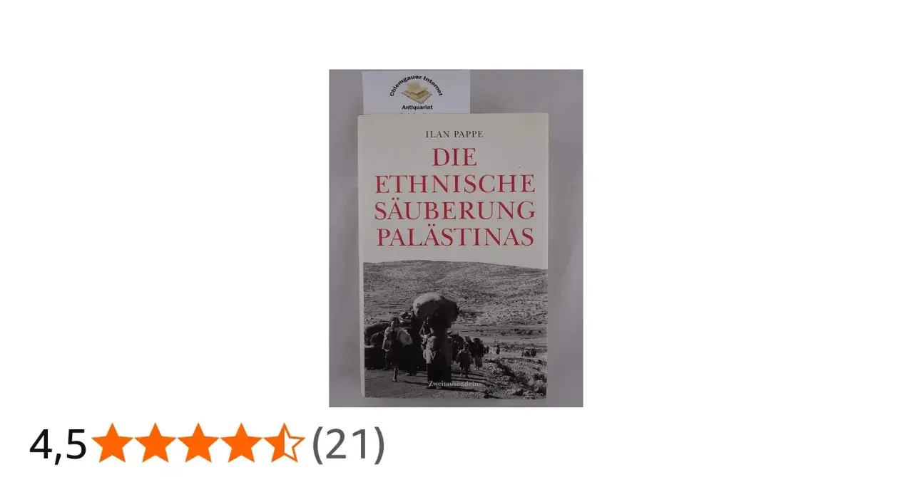 Buchcover "Die ethnische Säuberung Palästinas" von Ilan Pappe, mit einem Bild von Menschen, die auf einem staubigen Weg wandern.