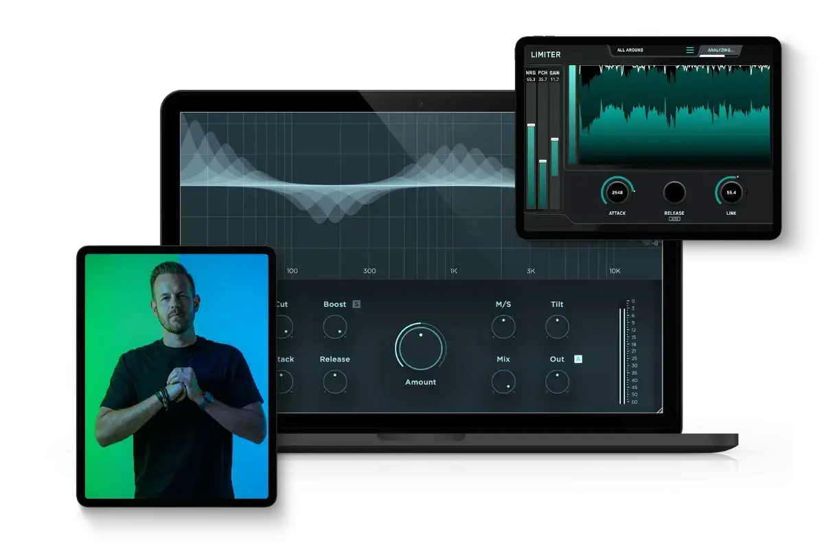 Man with hands clasped, surrounded by digital audio workstations and plugins, showcasing the best vocal plugins for music production.