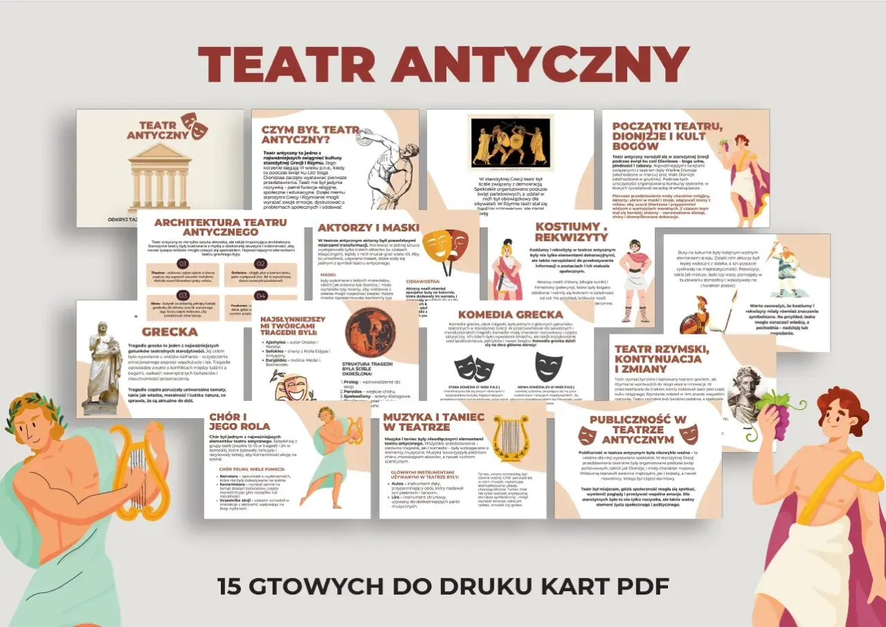 Teatr antyczny: architektura, aktorzy, maski, kostiumy, rekwizyty, muzyka, taniec, grecka tragedia i komedia, rola chóru, teatr rzymski, publiczność.
