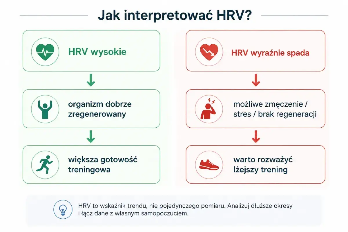HRV wysokie oznacza dobrą regenerację i gotowość do treningu. Spadek HRV sugeruje zmęczenie, stres i potrzebę lżejszego treningu.