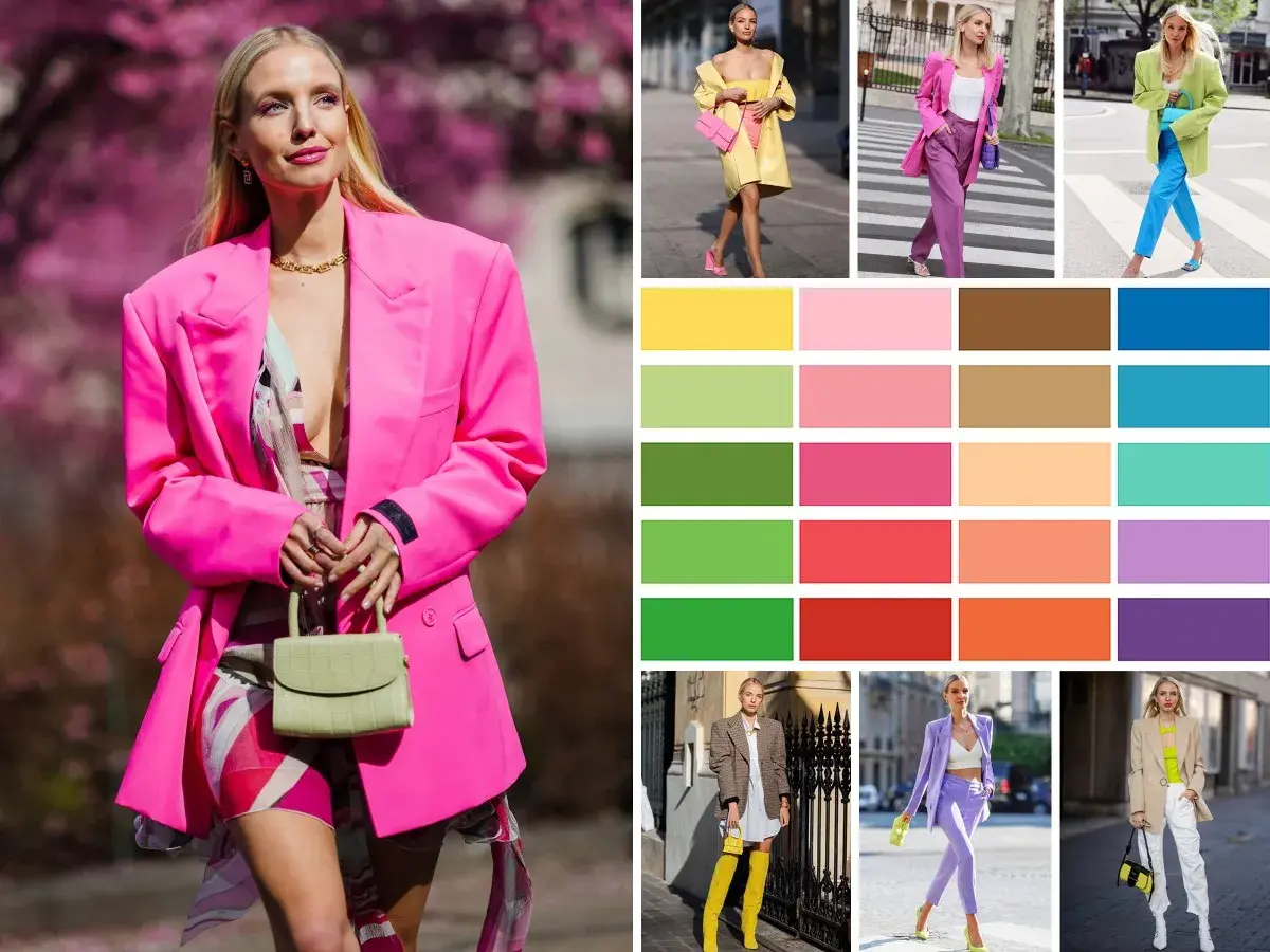 Inspiration pour associer couleurs vêtements : looks audacieux en rose vif, jaune, vert, violet et bleu. Palette de couleurs vives pour des tenues éclatantes.