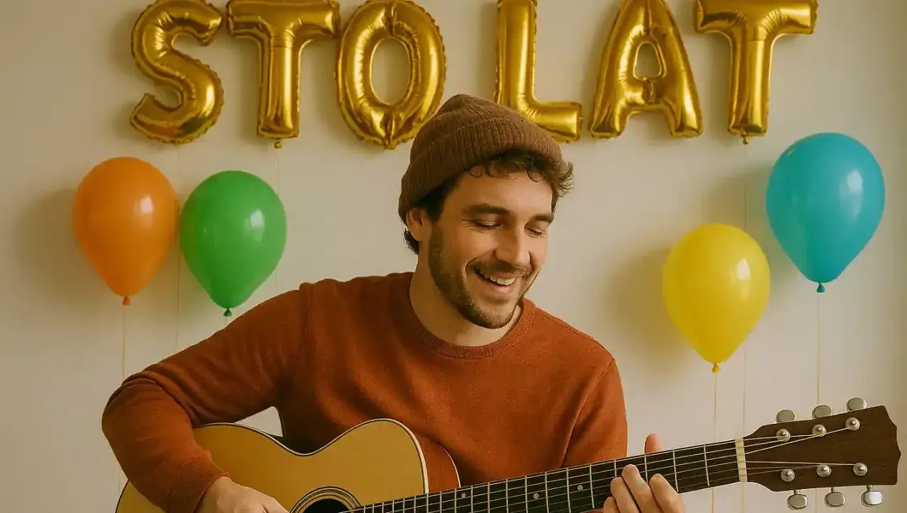 Uśmiechnięty mężczyzna gra na gitarze, a za nim złote balony tworzą napis "STO LAT". Dowiedz się, jak zagrać sto lat na gitarze.
