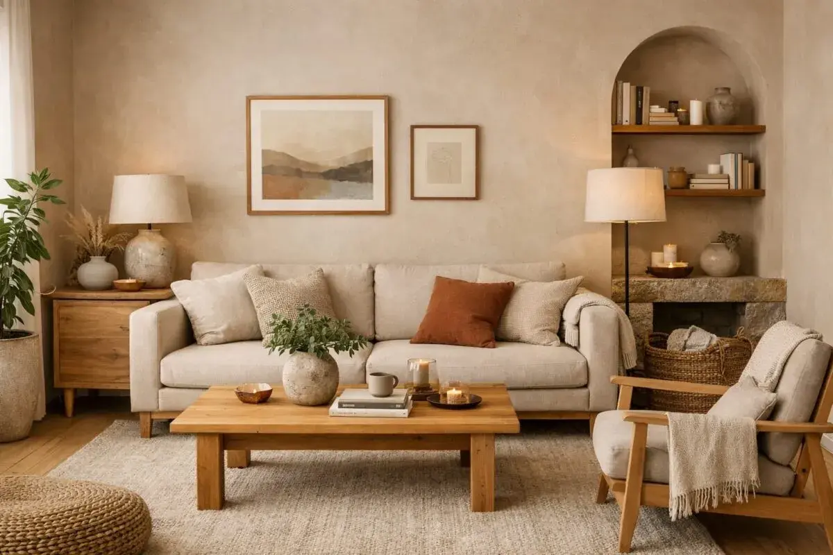 Soggiorno accogliente con divano beige, tavolino in legno e quadri astratti. Le pareti di casa tendenze in tonalità neutre creano un'atmosfera rilassante.