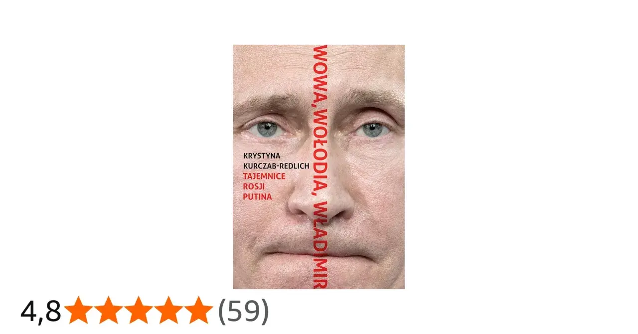 Okładka książki "Tajemnice Rosji Putina" Krystyny Kurczab-Redlich. Wizerunek twarzy Władimira Putina podzielony pionowo.