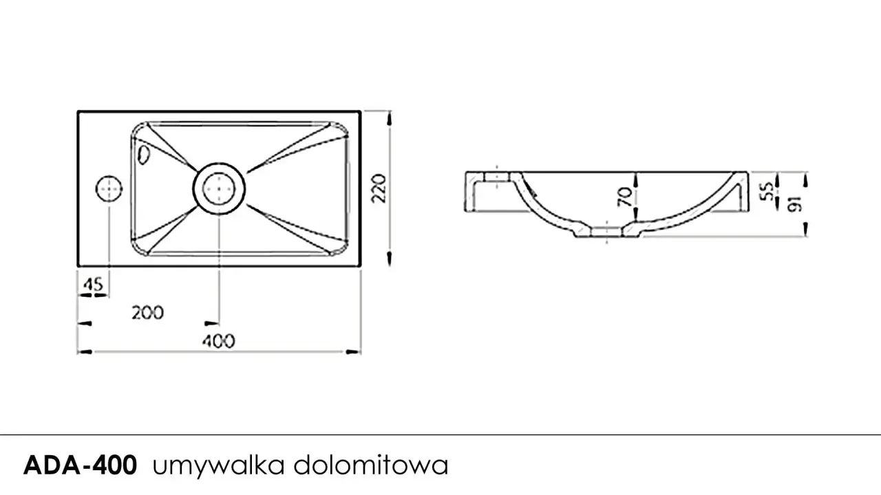 Rysunek techniczny przedstawia wąska umywalka ADA-400 o wymiarach 400x220 mm, z zaznaczonymi głębokościami i szerokościami.