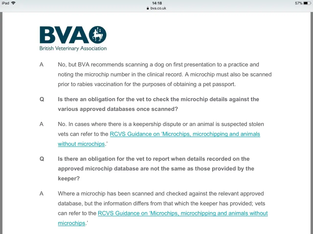 British Veterinary Association guidance on scanning dogs and the need to update dog microchip details for rabies vaccinations and pet passports.