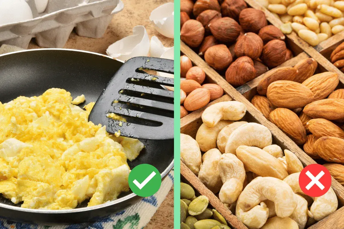 Huevos revueltos son ideales para comer cuando te sacan una muela. Evita frutos secos duros.