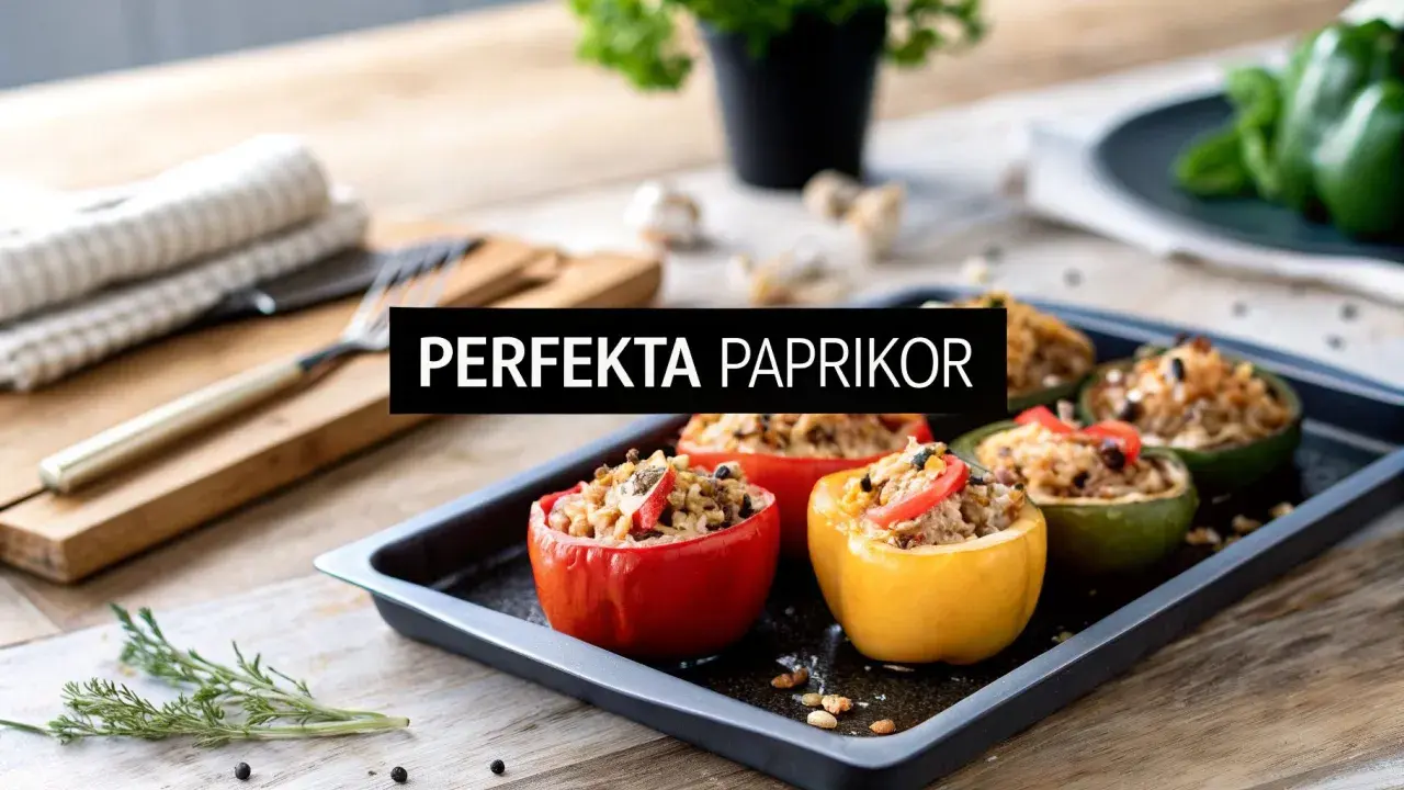 Fyllda paprikor på en plåt, redo att bakas. En härlig måltid med färgglada paprikor fyllda med en smakrik blandning.