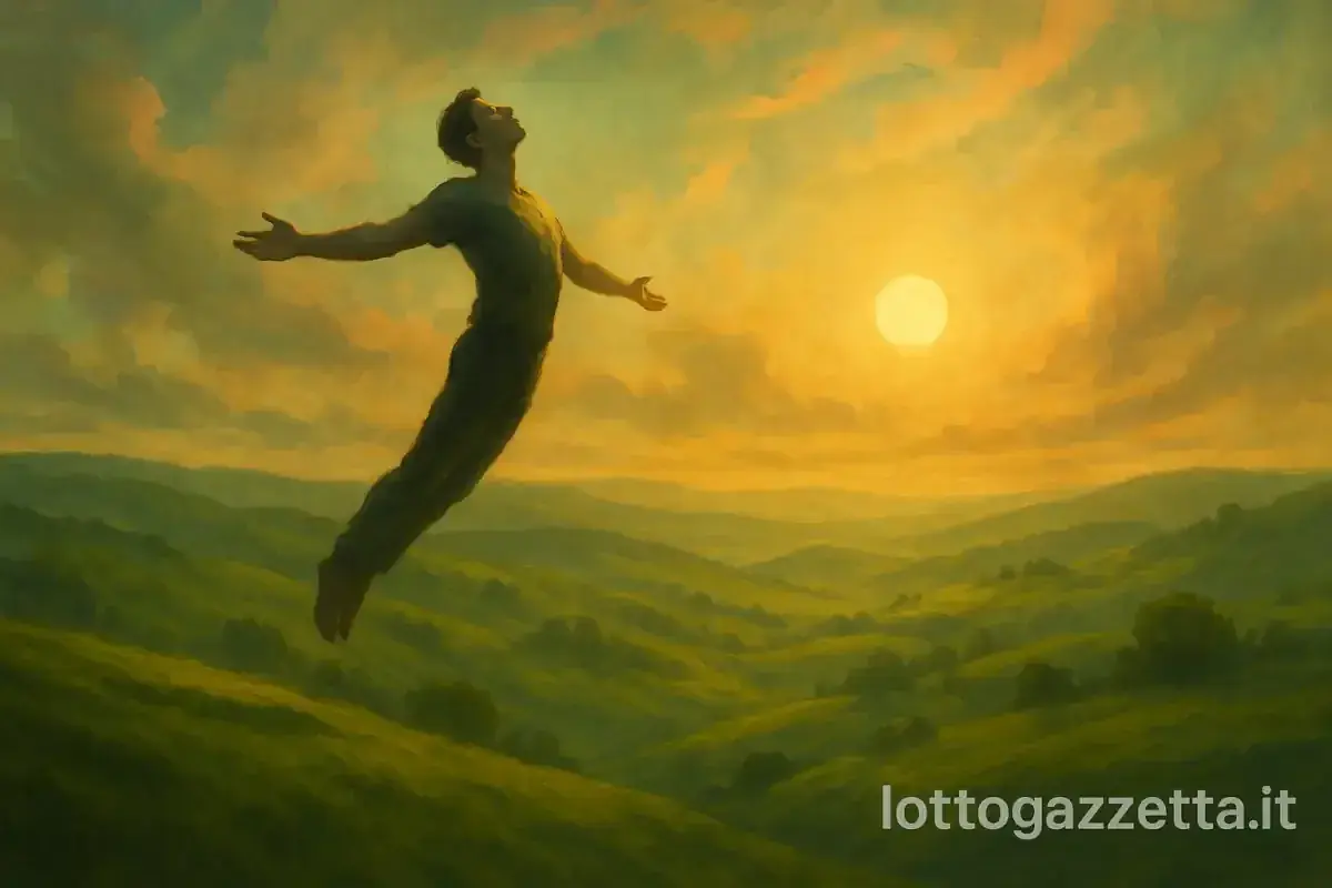 Un uomo si libra nell'aria, con le braccia aperte, come se stesse per volare senza ali, immerso in un paesaggio collinare dorato al tramonto.