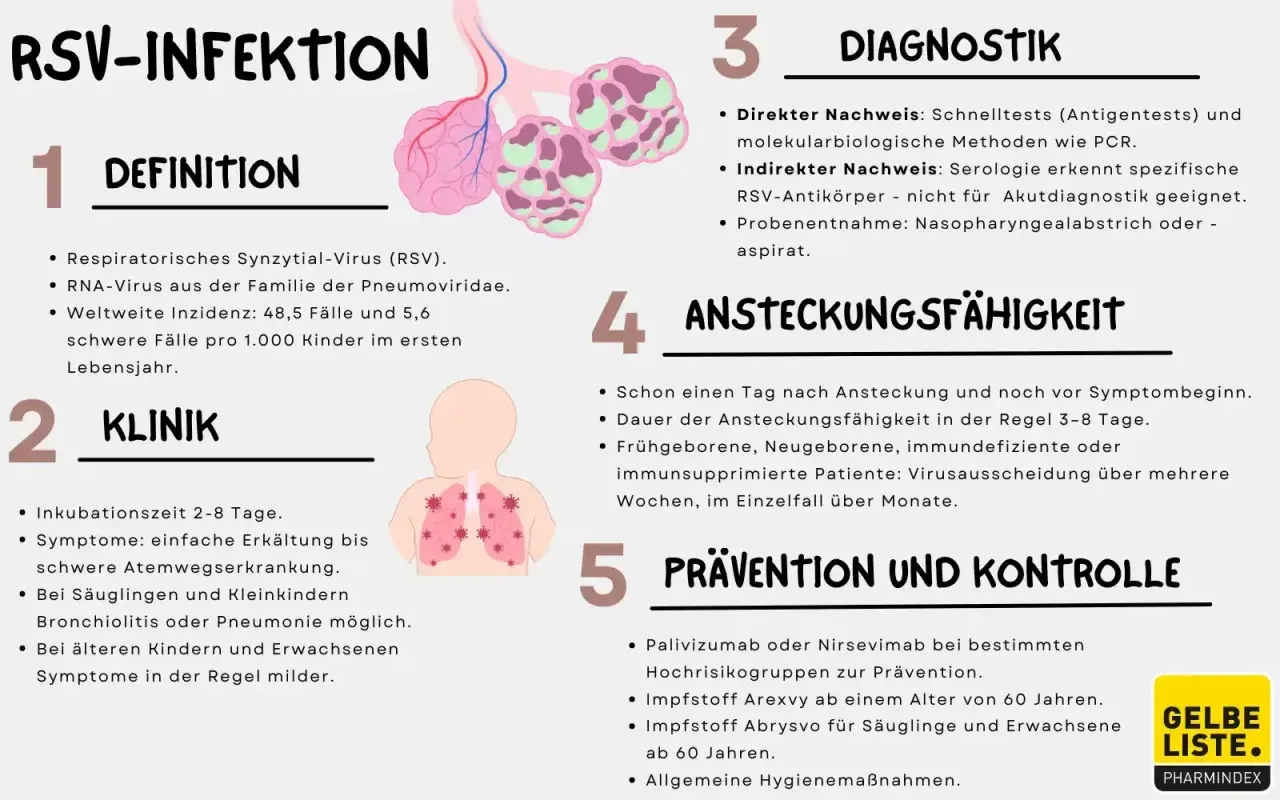 RSV-Infektion: Symptome reichen von leichter Erkältung bis schwerer Atemwegserkrankung, besonders bei Säuglingen. Grafik zeigt Lunge und Baby.
