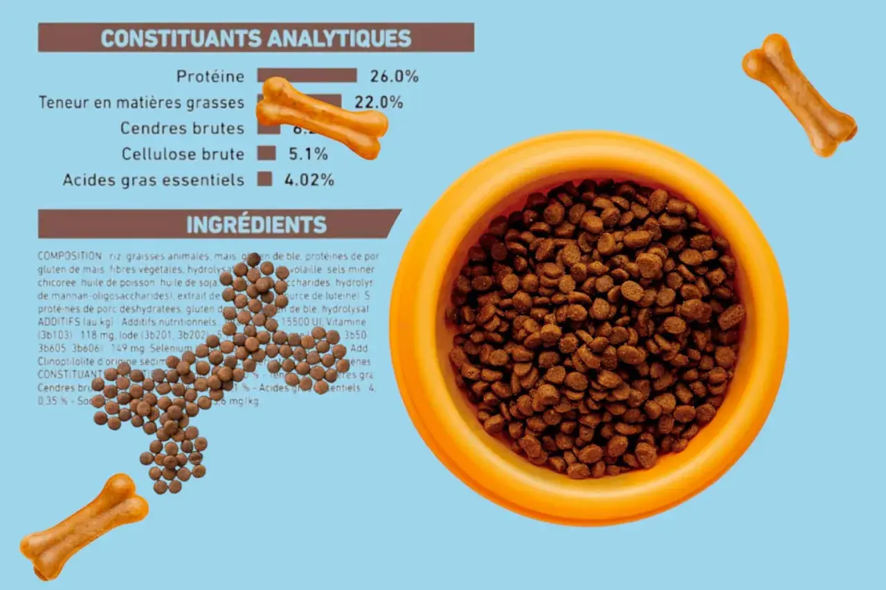 Croquettes pour chien avec 0.35% de cendres brutes, présentées dans une gamelle orange, accompagnées de friandises en forme d'os.