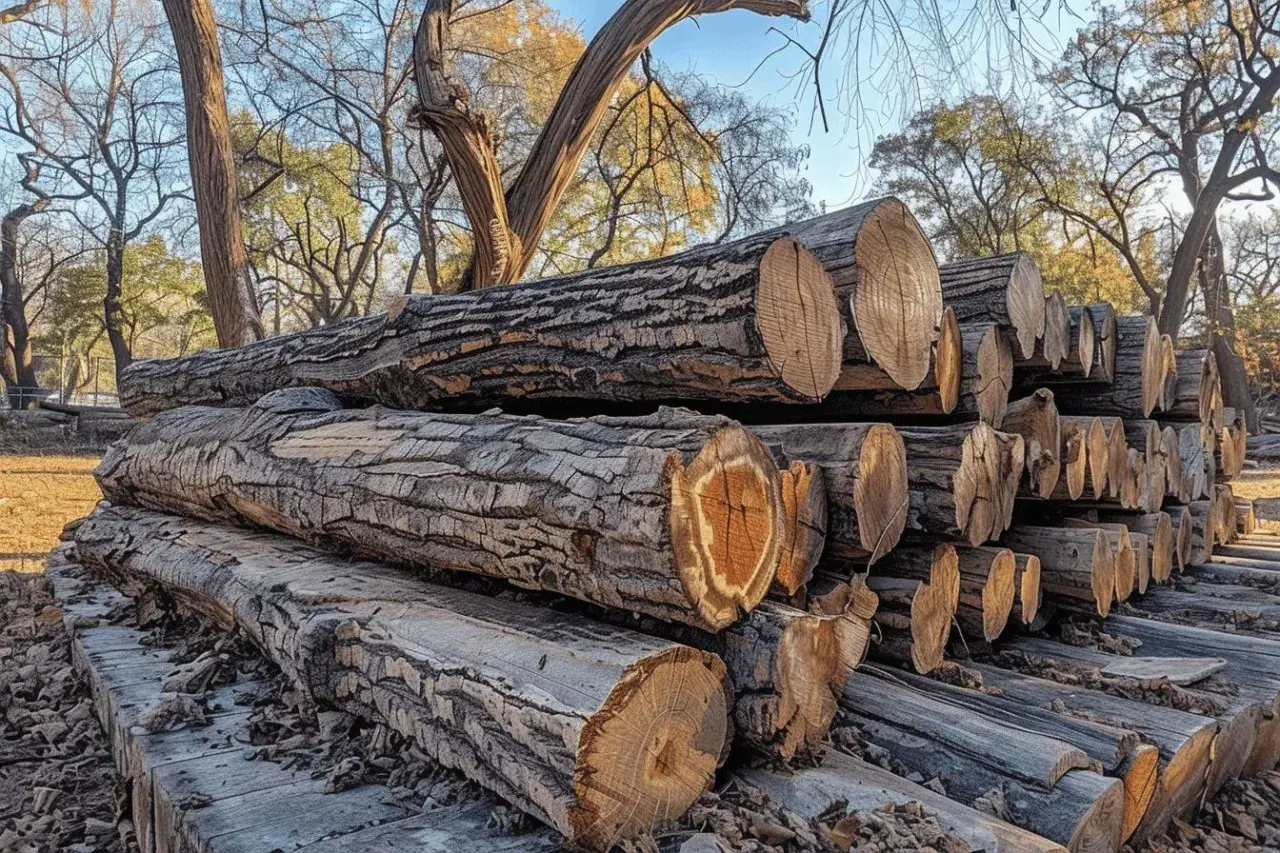 Gros troncs de bois d'acacia empilés, prêts pour le feu de camp. Leurs cernes révèlent leur âge.