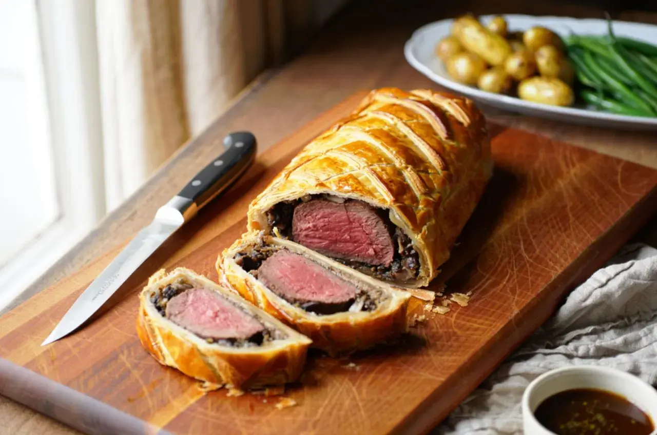 Un magnifique boeuf Wellington, doré et feuilleté, est coupé pour révéler sa viande tendre. Un couteau de chef est posé à côté, prêt à servir.