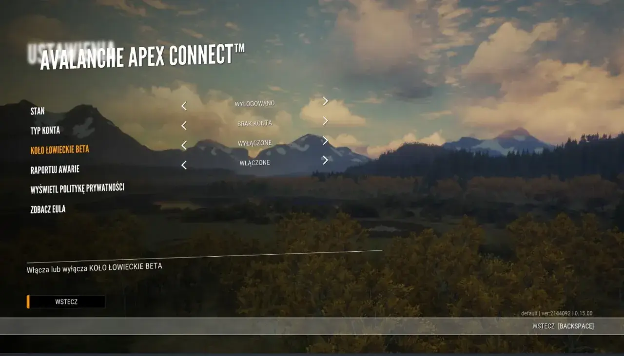 Menu gry z opcją "Koło Łowieckie Beta". Tytuł "Avalanche Apex Connect" nad krajobrazem górskim. The hunter awaits.