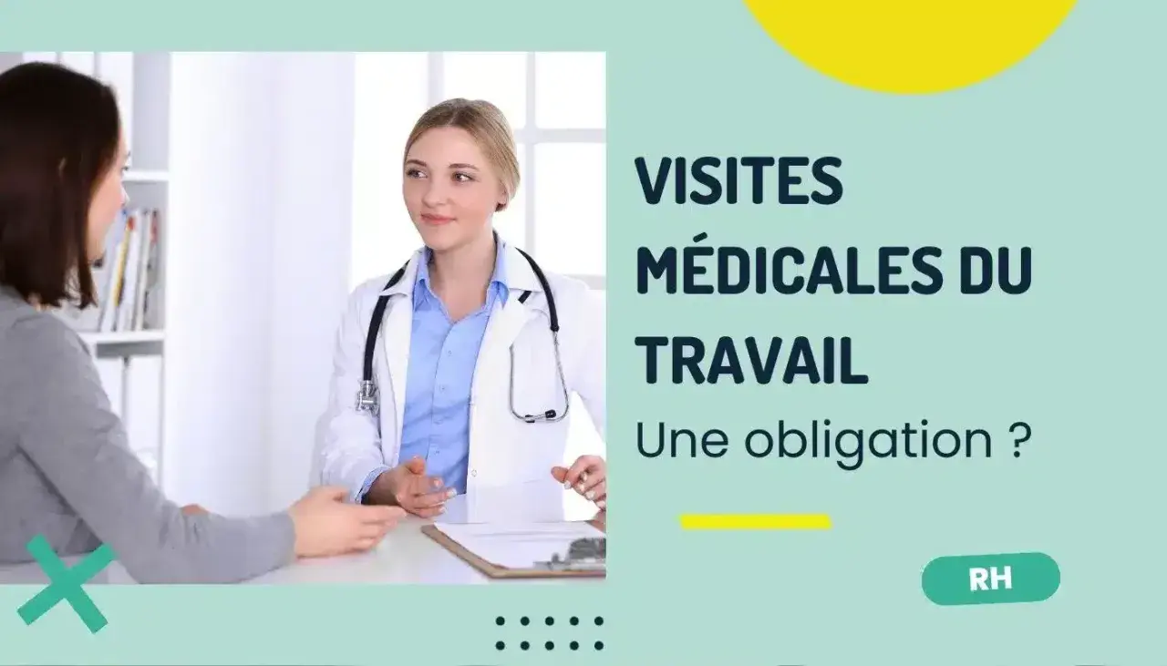 Une docteure discute avec une patiente. Le texte indique "Visites médicales du travail : une obligation ?". Quels examens sont inclus ?