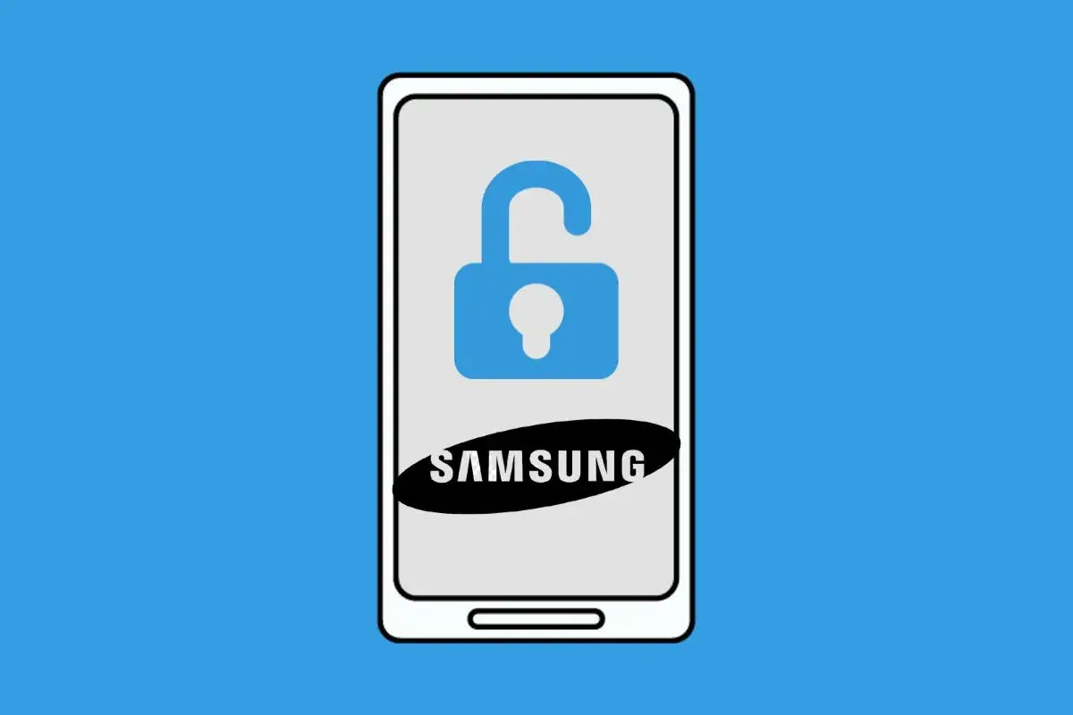 Ilustración de un teléfono Samsung con un candado abierto, indicando cómo averiguar patrón de desbloqueo.