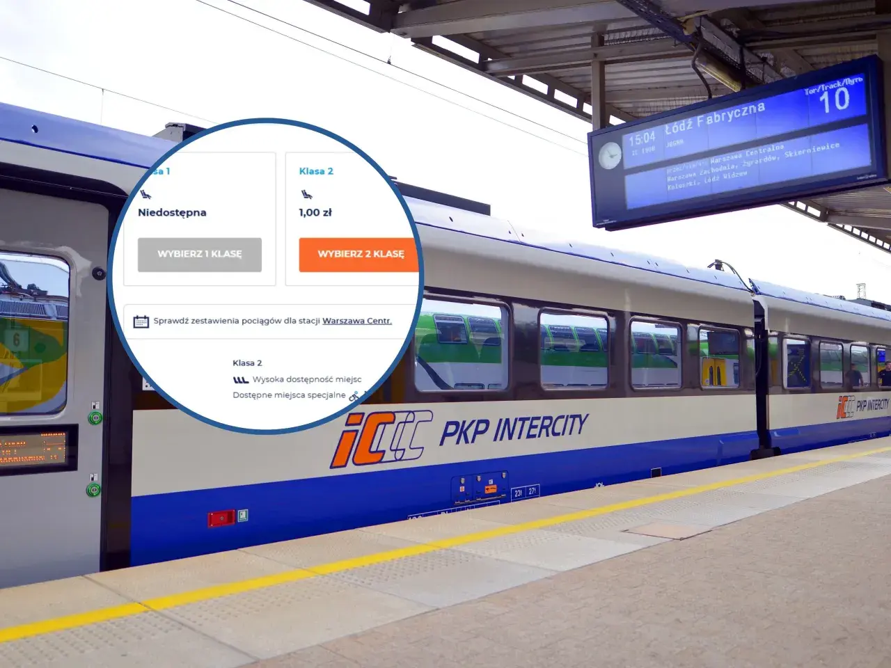 PKP Intercity bilety za 1 zł! Wybierz klasę 2 i podróżuj taniej. Pociąg do Łodzi Fabrycznej czeka na stacji.