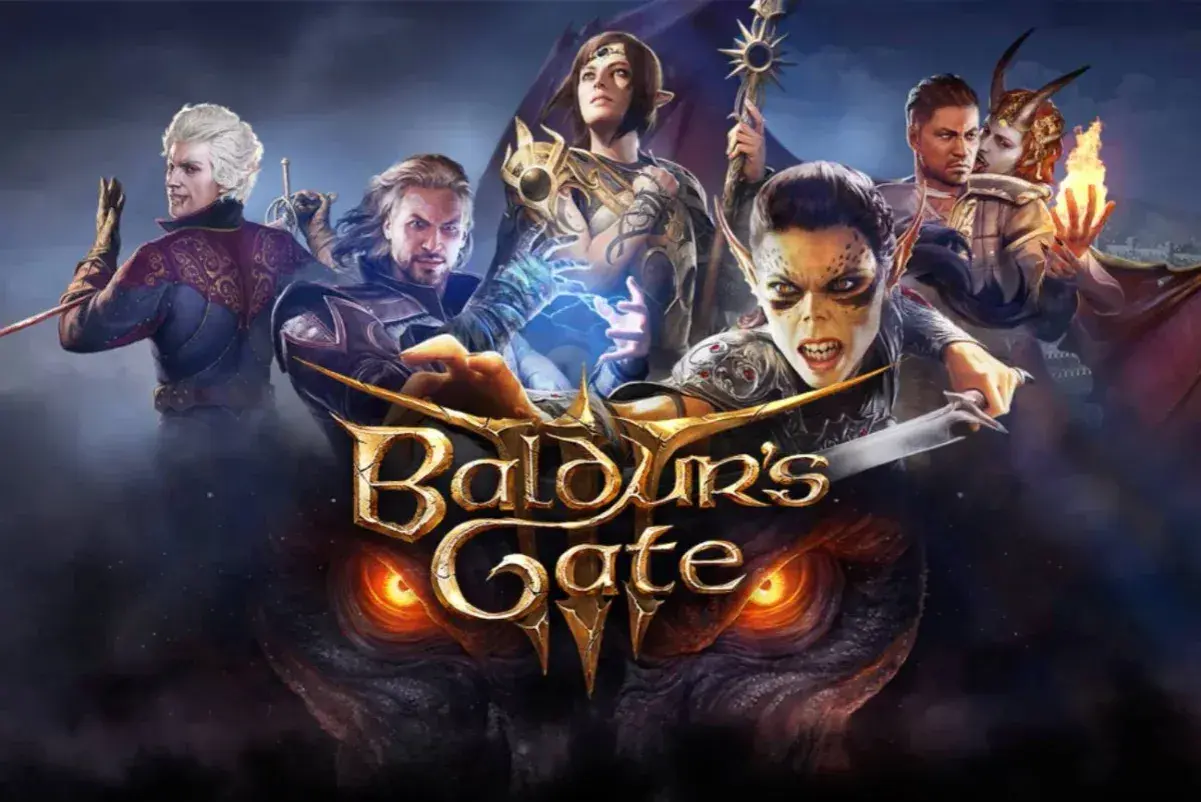 Postacie z Baldur's Gate 3 na Switchu, w tym elfka z magią i demonica z ogniem, gotowe do walki.