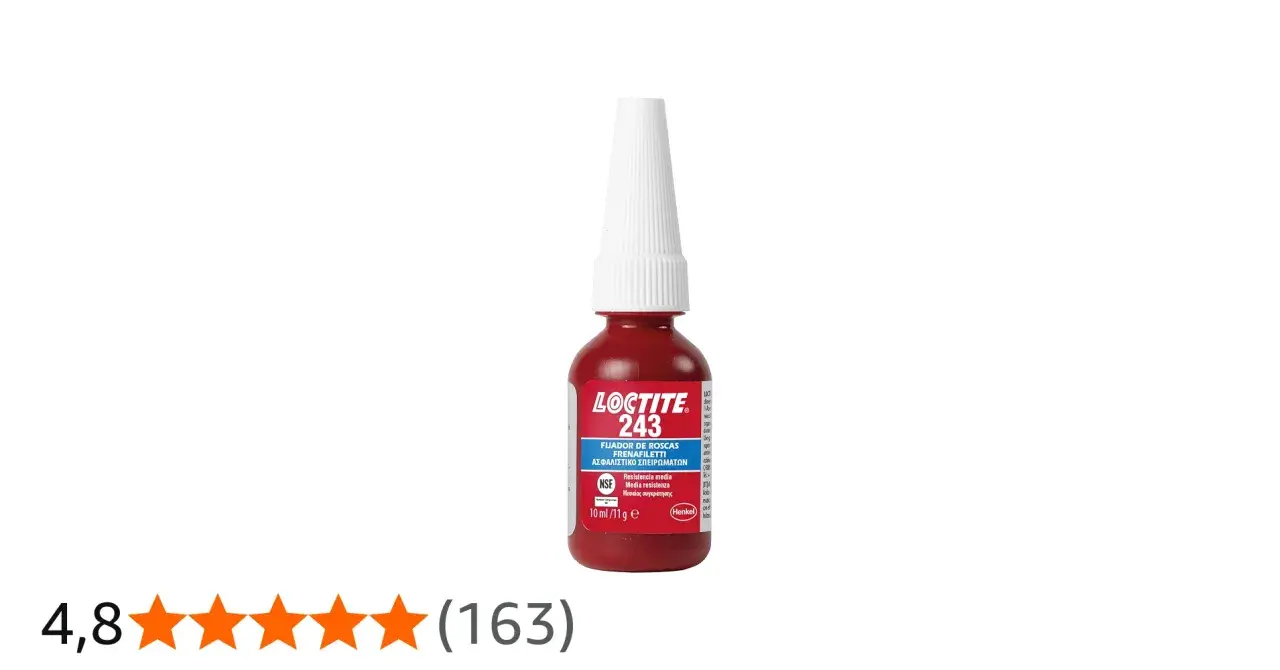 Botella roja de Loctite 243, fijador de roscas. Ideal para evitar que las roscas se aflojen.