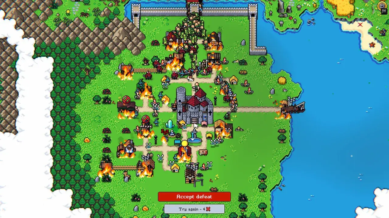 Bitwa o zamek w pixelartowym stylu. Wioska płonie, a armia naciera. Idealne dla fanów fajne gry na kompa.