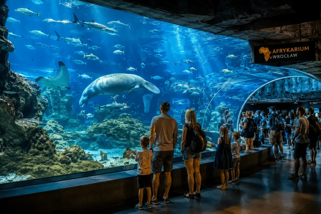 Familie bestaunt Seekuh und Haie im Afrykarium Wrocław.