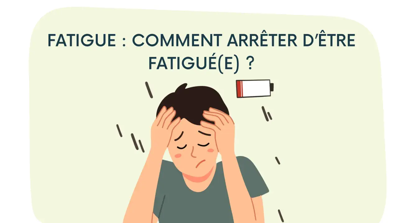 Un jeune homme se tient la tête, l'air épuisé, avec une batterie faible symbolisant les symptômes de fatigue intense.