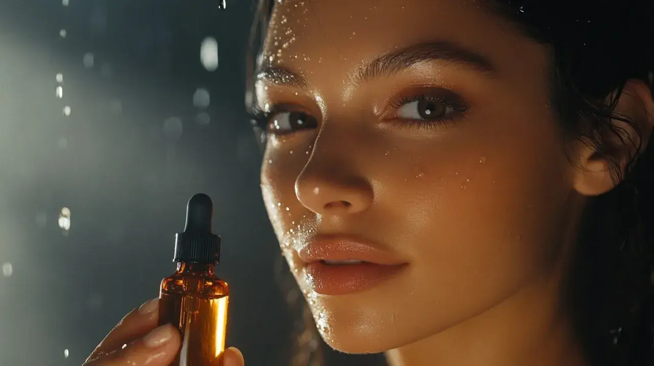 Una mujer con gotas de agua en la cara sostiene un frasco de suero. El brillo en su piel sugiere los beneficios de la vitamina E para la cara.