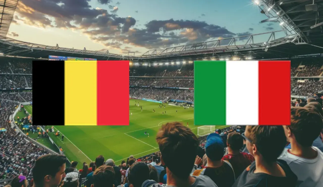 Stadion pełen kibiców, na murawie mecz, a nad nimi flagi **Belgia – Włochy**.