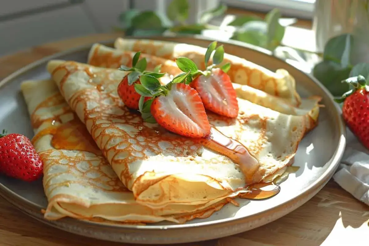 Délicieuses crêpes dorées, garnies de fraises fraîches et de sirop. Une recette crêpe 2 œufs parfaite pour le petit-déjeuner ou le goûter.