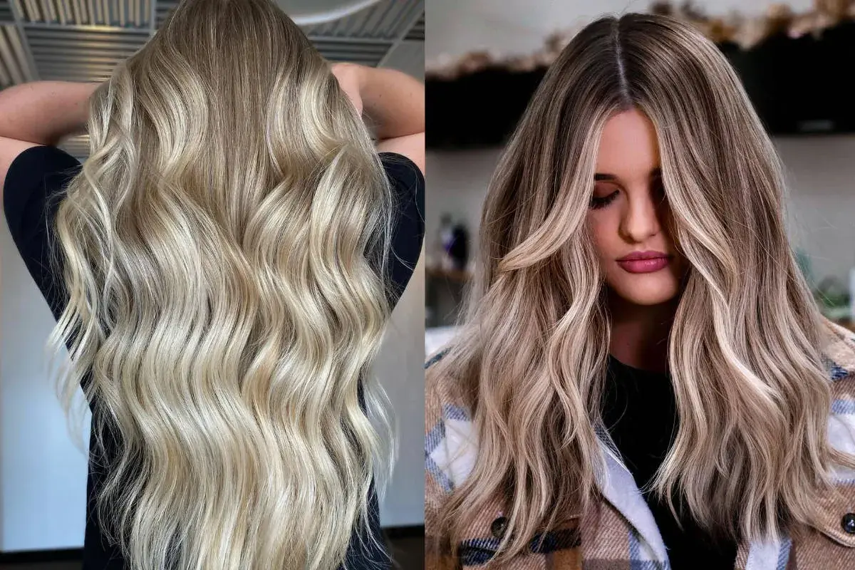 Capelli biondi con riflessi chiari e scuri, mostrando la differenza tra meches e balayage per un look naturale.